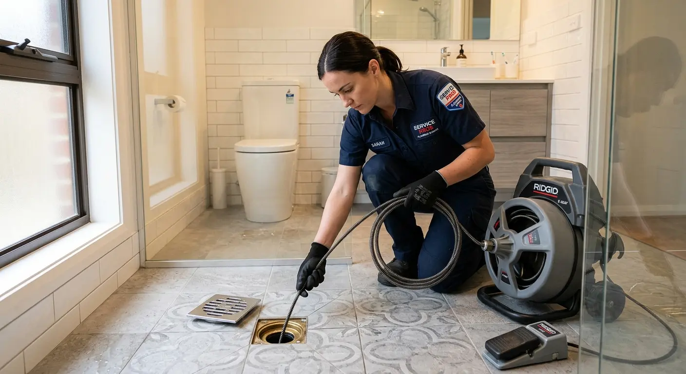 Technician clearing a bathroom floor drain for Drain Repair in Hermosa Beach